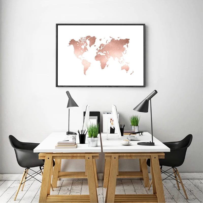 World Map Print Office Rose Gold Decor