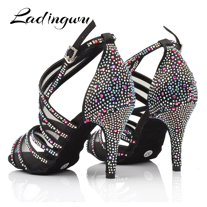 Ladingwu Women Ballroom Latin Dance Shoes Black Red Apricot Brown Rhinestone Salsa Tango Shoes High heel 6/7.5/8.5/9/10cm