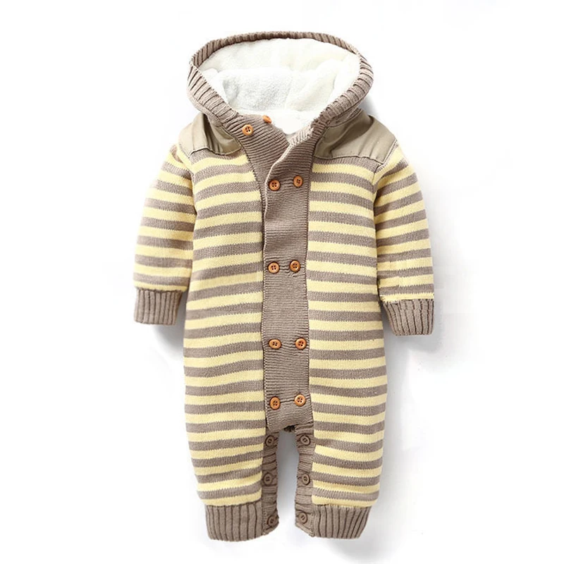 Детские комбинезоны; зимняя плотная одежда для альпинизма; теплый хлопковый комбинезон для новорожденных мальчиков и девочек; вязаный свитер; комбинезоны; Верхняя одежда с капюшоном в полоску