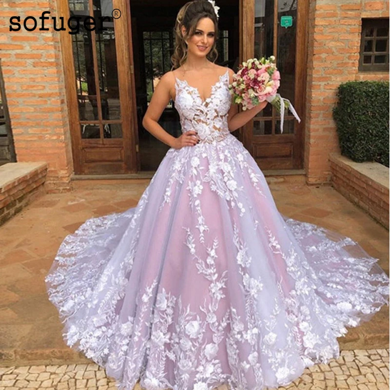 

Pink V Neck Wedding Bridal Dress Sweep Train White Appliques Robe De Mariee Sofuge Boho Dubai Arabic Abiti Da Sposa Long Dresses