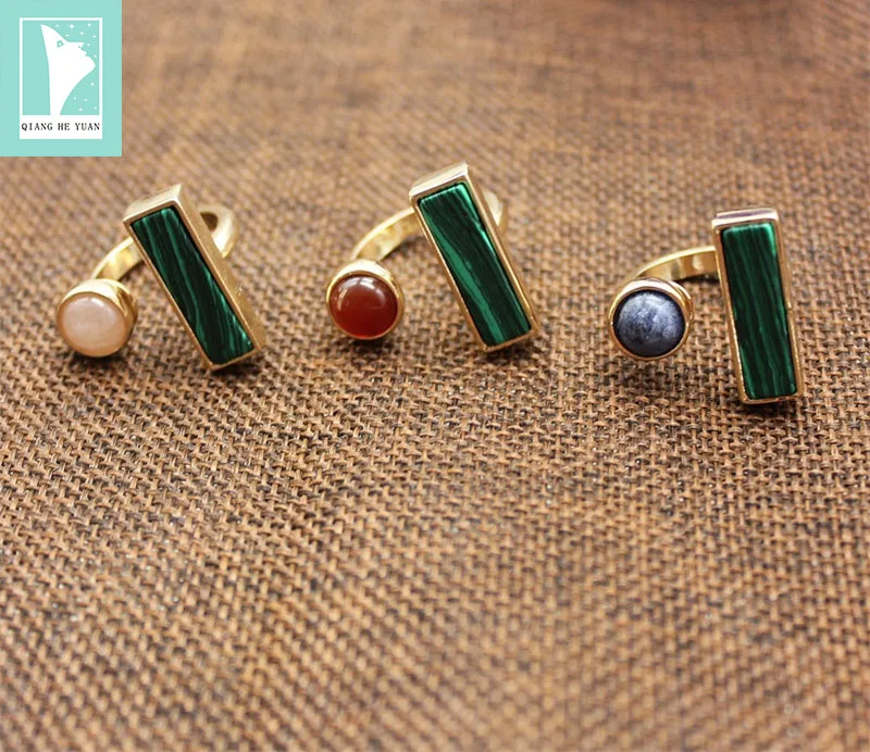 

Malachite rectangular inlaid natural stone adjustable/open ring for women