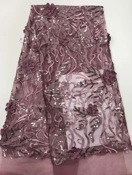

Hot pink pani Africa fine lace fabric high quality French pink applique 3D beaded tulle lace fabric YYZ0887 dubai royal apparel