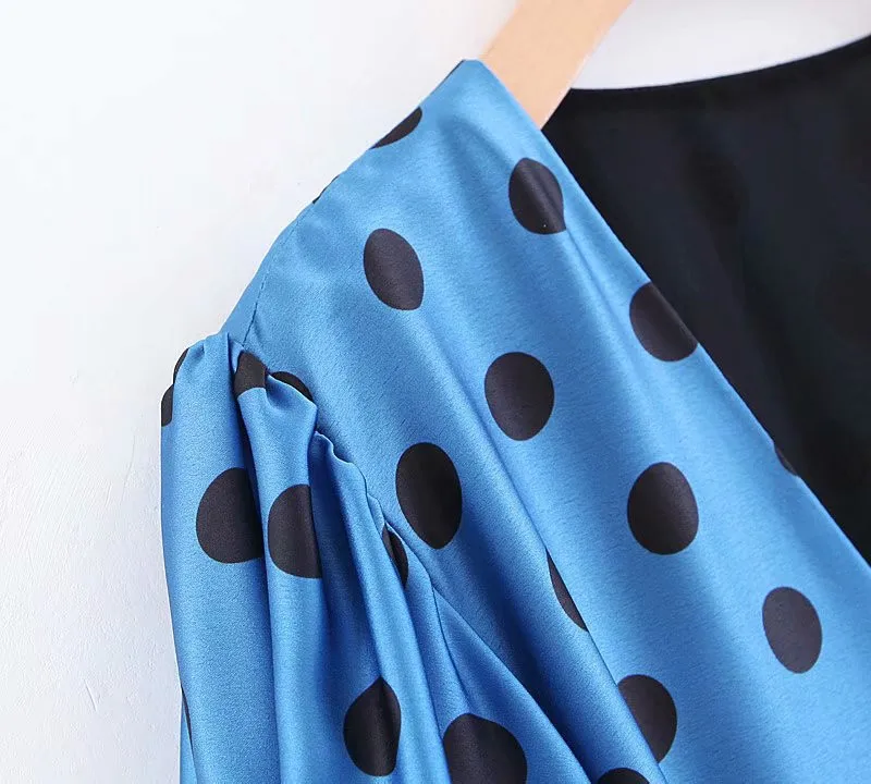 ROHOPO Blue Lantern Short Sleeve Polk Dot Midi Dress Tie Belt Flared V Collar British Tunic Dresses #BM1803