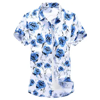 

Summer Blouse Men's Shirts Cotton Short sleeve Men Clothing Slim fit Mens Dress Shirts Hawaiian style New Blue