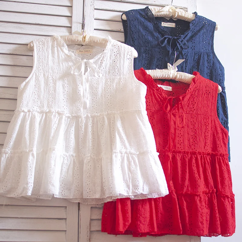 

Neckline Embroidered Openwork Solid Color Sleeveless doll shirt top mori girl