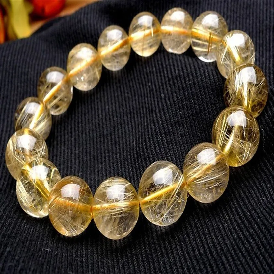 

13.5mm Genuine Natural Yellow Golden Hair Needle Titanium Rutilated Quartz Crystal Round Bead Stone Fashion Stretch Bracelet