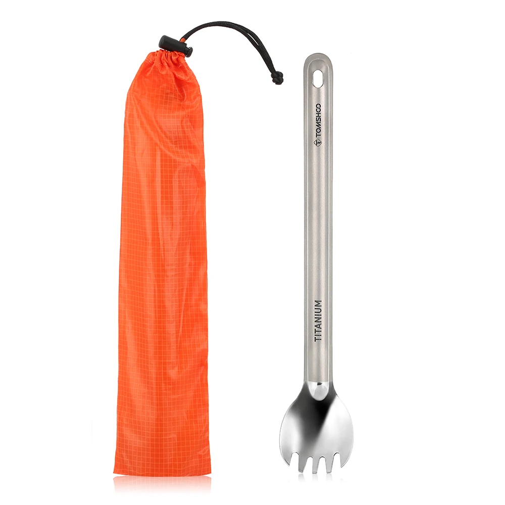 TOMSHOO de tenedor de titanio cuchara larga manejar al aire libre portátil mate terminar la cena Spork cubiertos de Camping al aire libre Spork