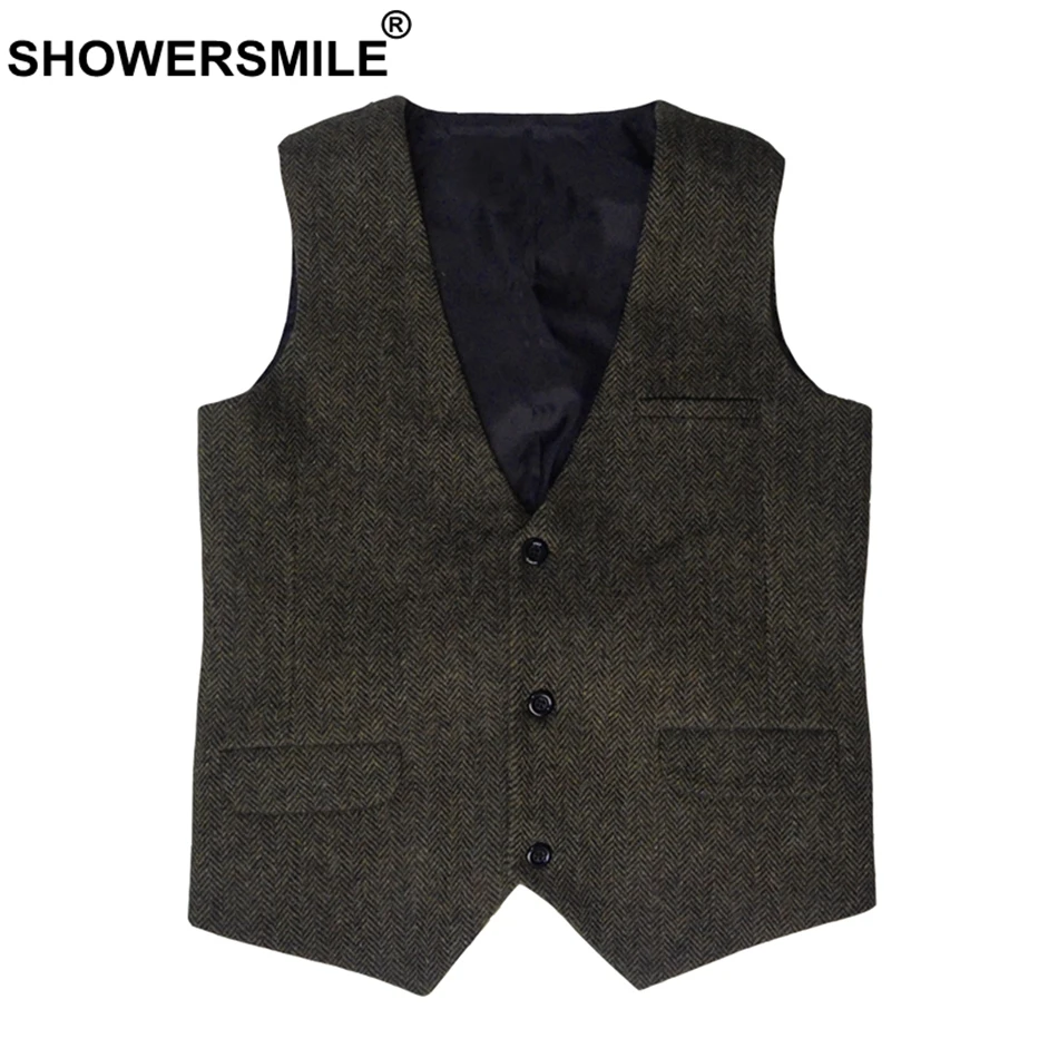 

SHOWERSMILE Suit Vests For Men Vintage Brown Plus Size 4XL Gilet Male Herringbone Slim British Shtyle Autumn Sleeveless Jackets