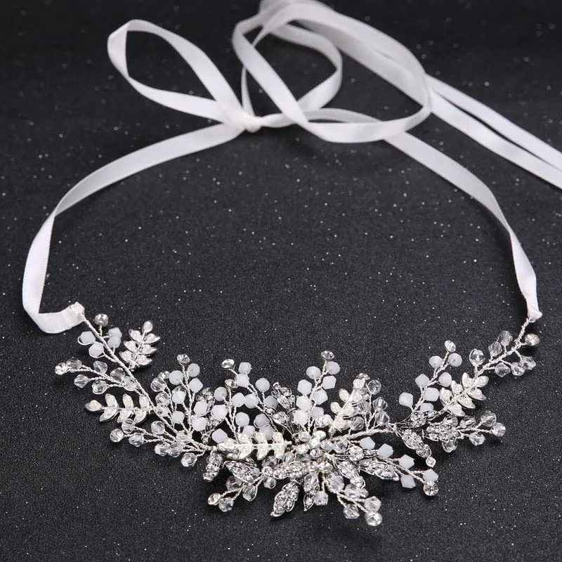

Luxury Rhinestone Crystal Pearl Hairband Wedding Hair Accessories Bridal Crown Floral Leave Headband Headpiece Tiara with Ribbon