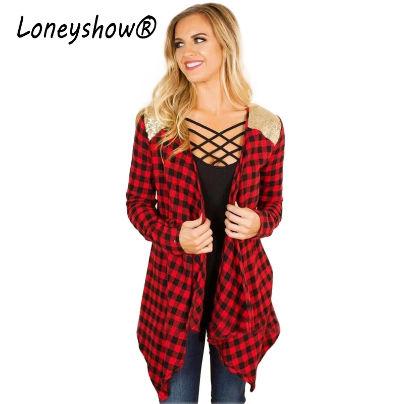 Loneyshow 2017 New Arrival Autumn Vintage Black Red Plaid Open Stitch Coat font b Women b