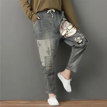 

#2232 New 2019 Spring Harem Vintage Jeans Women Cartoon Printed Drawstring Elastic Waist Boyfriend Jeans For Women Plus Size