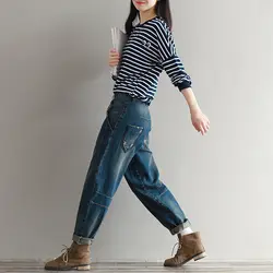 2018 Джинсы бойфренда шаровары женские брюки повседневные Большие размеры свободный крой винтажные джинсы с завышенной талией женские