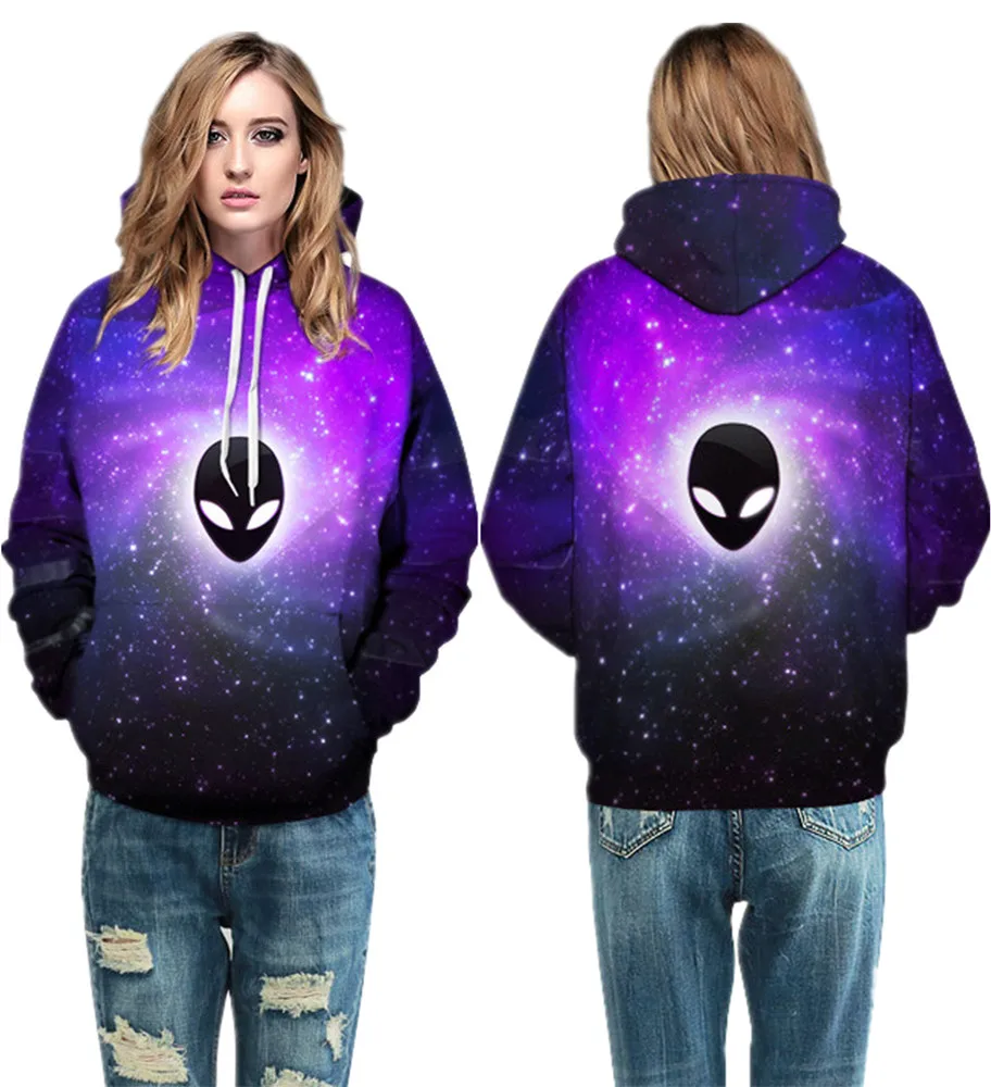 Purple Starry Sky Hooded Jumper Pullovers Black Alien Face Skateboard Sweatshirts Autumn Winter