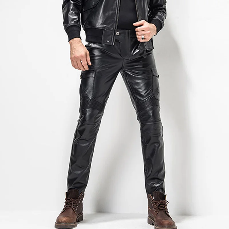 Mannen Lederen Pant Slim Leather Skinny Biker Broek Motorfiets Biker Punk Rock Broek Strakke Gothic Lederen Broek Voor Mannen TJ04