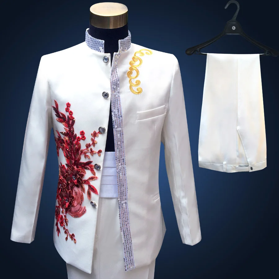 Розовый Смокинг пиджак+ брюки с бусинами костюм мужской сценический костюм смокинг для свадьбы размера плюс 4XL розовый королевский синий белый черный красный костюм жениха - Цвет: White Zhongshan Fu s