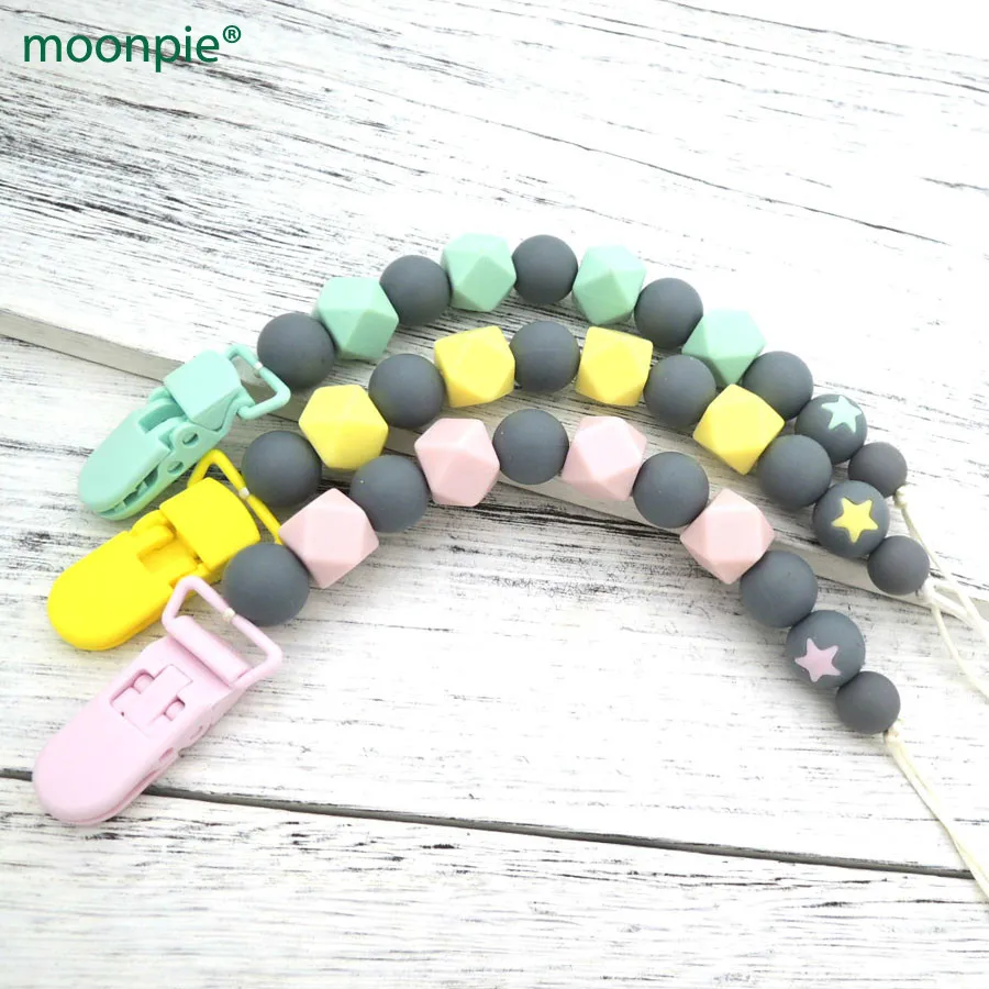 

3 colors Pink yellow Mint green pacifier chain teether hex silicone round bead hex beads dummy holder nipple holder BSP23