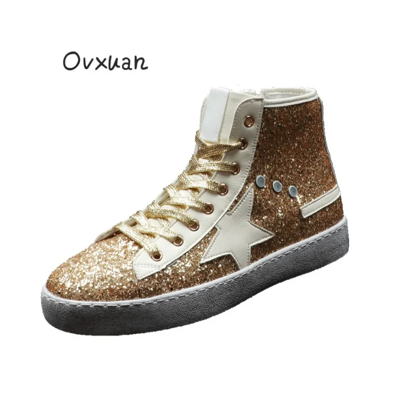 

OVXUAN Shining Gold Sequin Stars High Top Prom Party Dress Boots Men Sneakers Luxury Casual Shoes 2019 Autumn Mens Boots Shoes