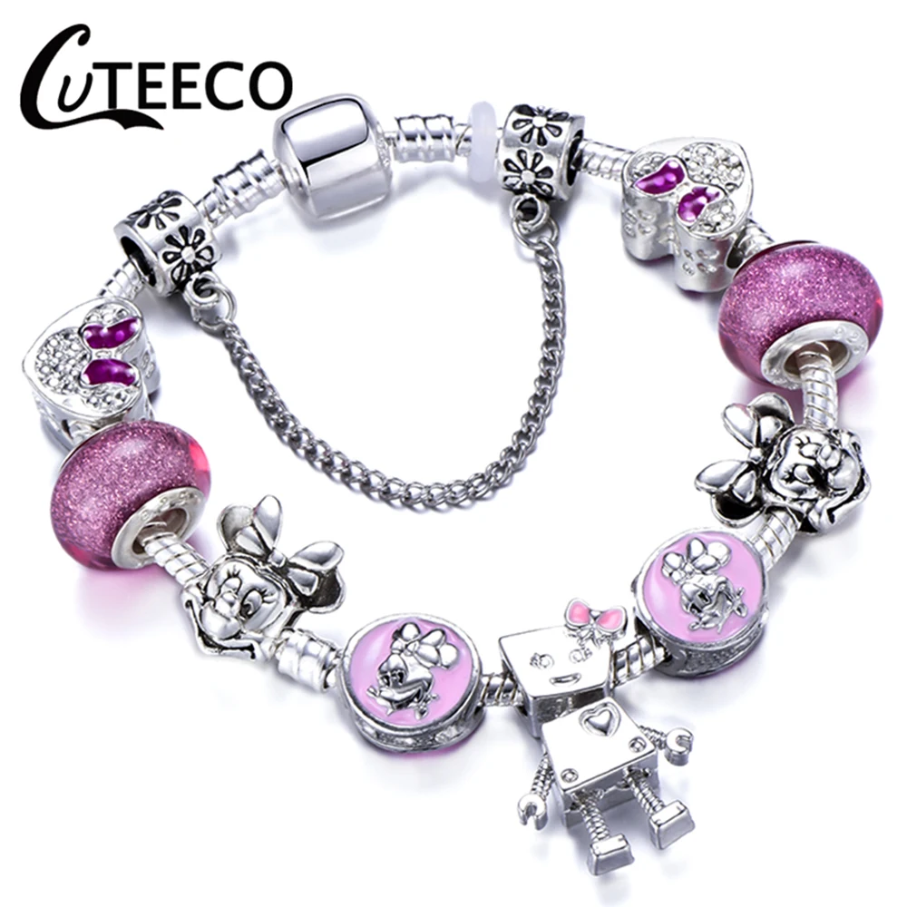 

CUTEECO 2019 Fashion Silver Charms Bracelet Bangle For Women Pink Crystal Love Heart Mickey Brand Bracelets Jewelry