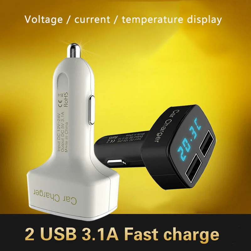 Newest 4 in 1 Car Charger Dual DC5V 3.1A 2 USB with Voltage/temperature