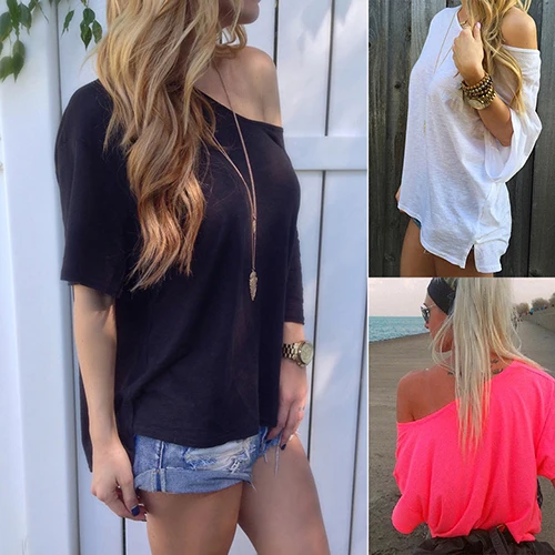 

Women Summer Sexy Pure Color Off-shoulder Loose Short Sleeve Top T-shirts