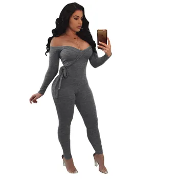 

Meileiya Solid Off Shoulder Jumpsuit with Belt Women Sexy V Neck Long Sleeve Romper Night Club Overalls Knitting Jumper