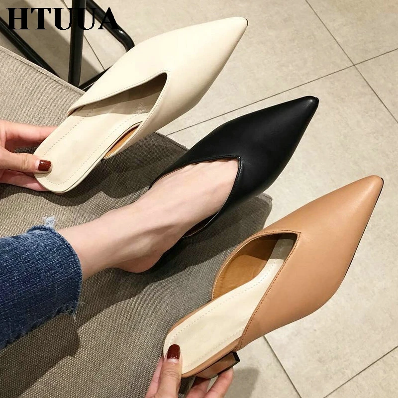 

HTUUA 2019 Spring Summer Women Slippers Pointed Toe Chunk Heel Leather Mules Shoes Woman Slip On Slides Ladies Shoes SX2615
