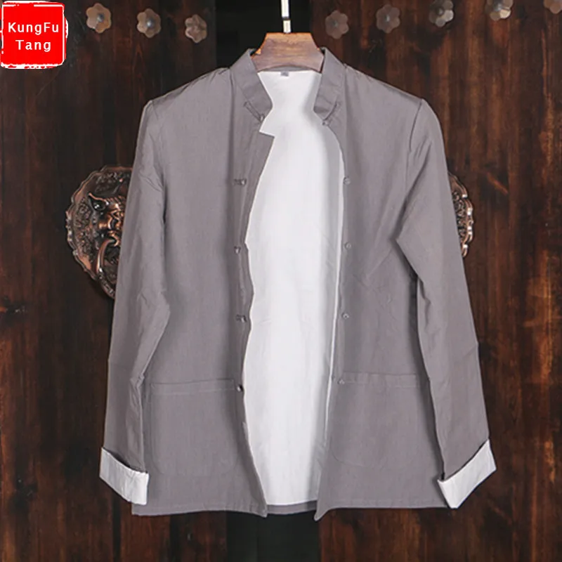 

KungFuTang Grey Traditional Chinese Jacket Long Sleeve 100% Cotton Kung fu Uniform wing chun Coat Tang Suit Top Clothing for Men