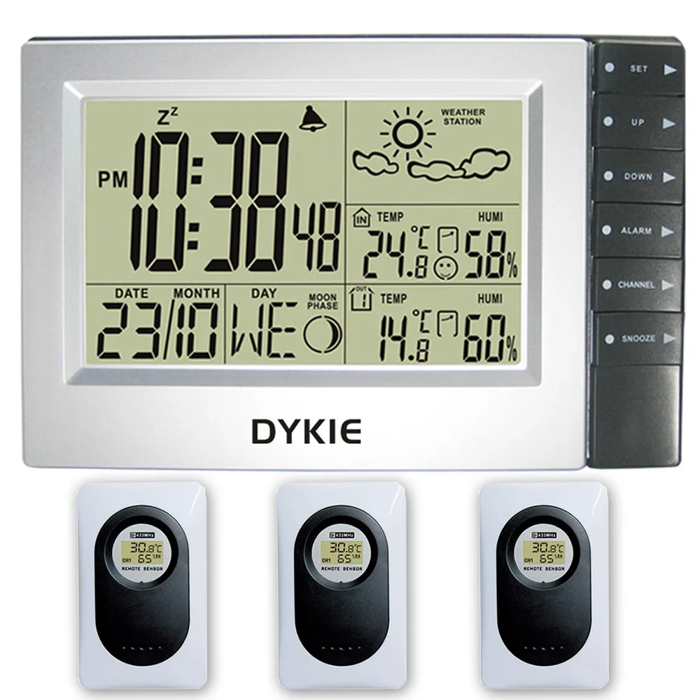 

DYKIE LCD Weather Station Indoor and Outdoor Electronic Temperature Humidity Digtal Snooze Alarm Clock Wireless 3 transmitters