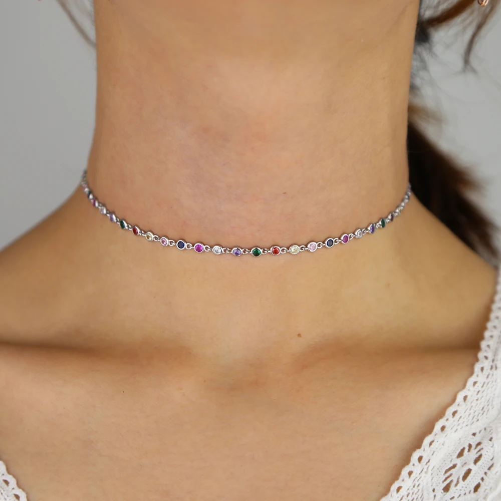 

Shiny green blue red cz paved tennie chain necklace for women lady new arrived statement chain choker necklace for wedding