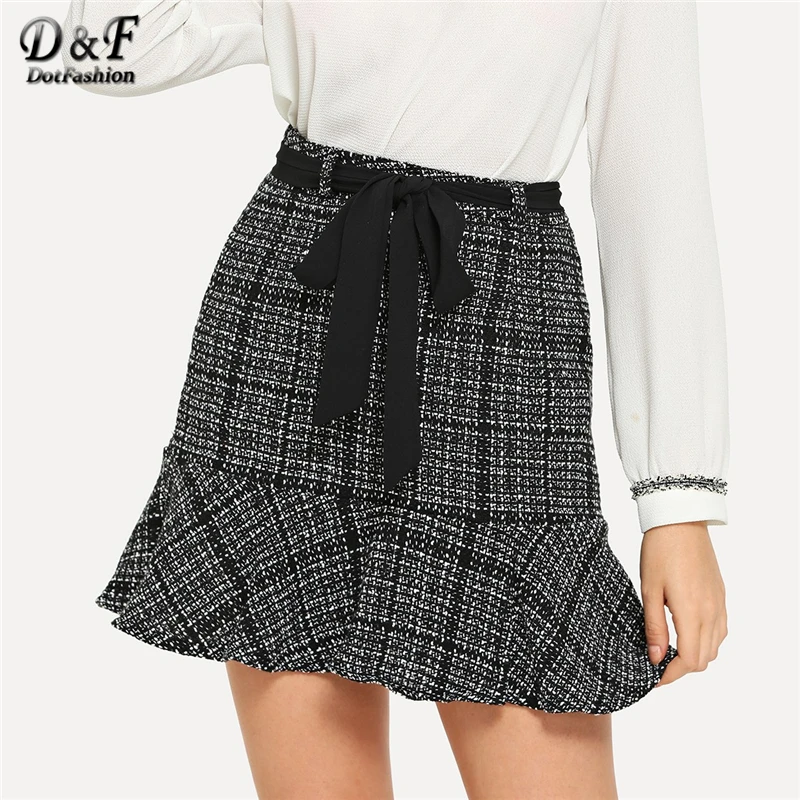 Dotfashion Black And White Belted Flounce Hem Tweed Skirt Women Elegant ...