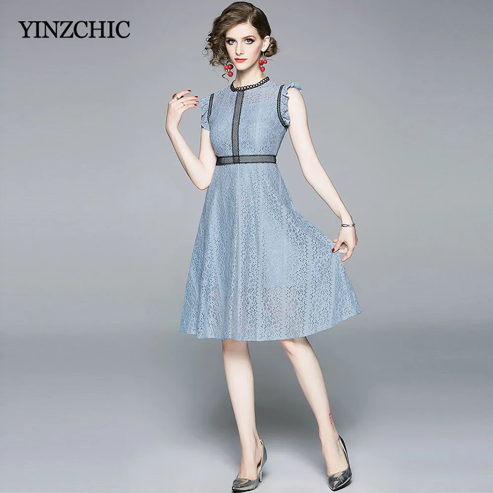 

New Summer Woman Lace Dress O-neck Female Casual Mid Dresses Hollow-out Laces Dress for Elegant Lady Slim A-line Dress 2019