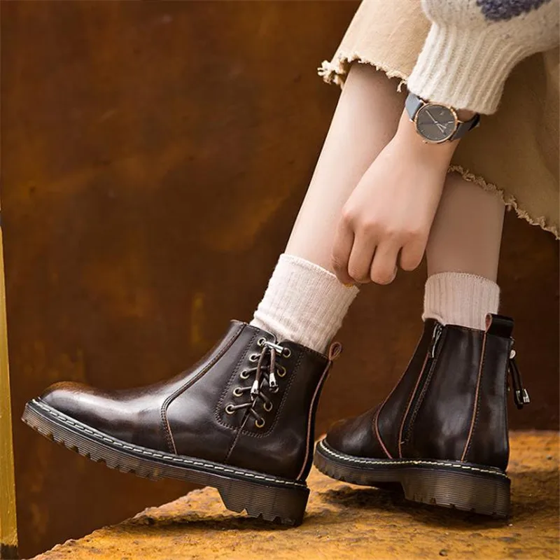 

New women's boots autumn winter fashion comfortable leather round head casual Women shoes Thick bottom warm Martin boots