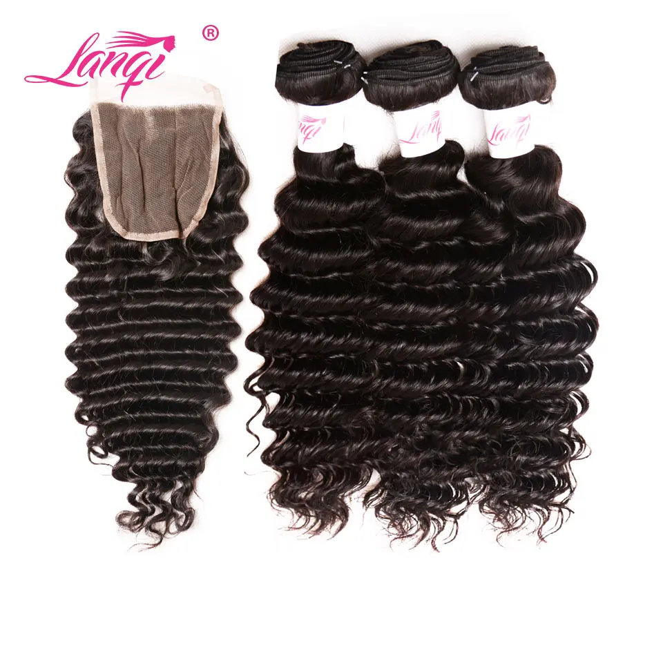 

LanQi Hair Deep Wave Human Hair Weave 3 Bundles With 4*4 Lace Closure Malaysian Hair Bundles With Closure Non Remy Hair Weaving
