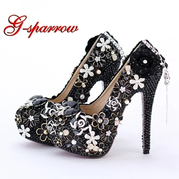 

Womens High Heel Shoes Black Pearl Wedding Bridal Dress Shoes Round Toe Banquet Party Rhinestone Pumps 5 Inches Stiletto Heels