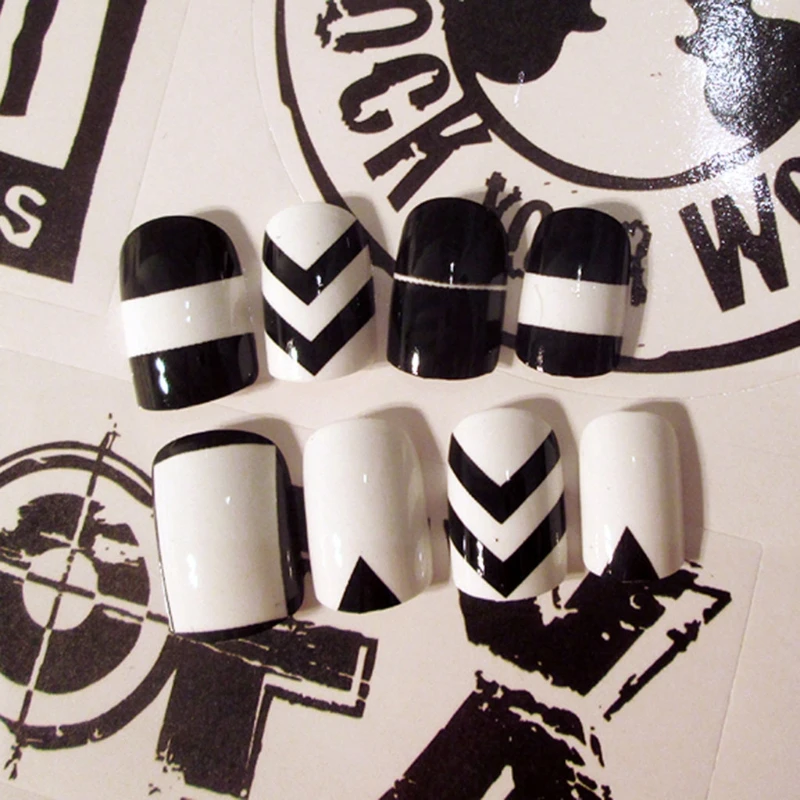 24 шт./компл. Красота черный+ белый накладные ногти акриловые полными подсказками наклейки для ногтей инструмент