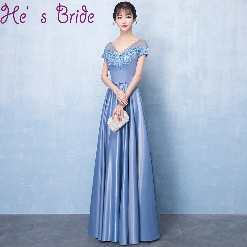 Evening Dress Elegant Light Blue V Neck Short Sleeves Lace Up Back A Line Illsuion Satin Lace