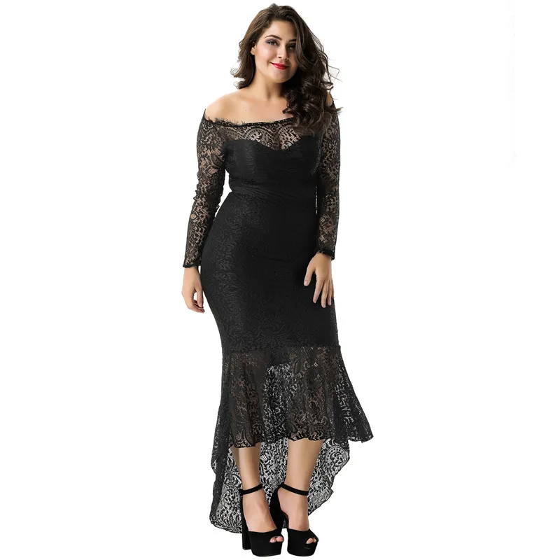 

V1063 Front Short Long Women Dress High Waist Wrist Party Slash Neck Dress Ankle-Length 2XL White Lace 2017 Autumn Dress