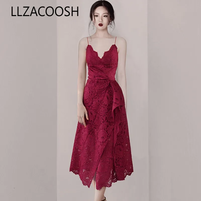 

Vintage Women Spaghetti Strap Lace Party Dress 2019 Summer Designer Wine Red Ruffles Hollow Out Long dress Sexy V Neck Dress