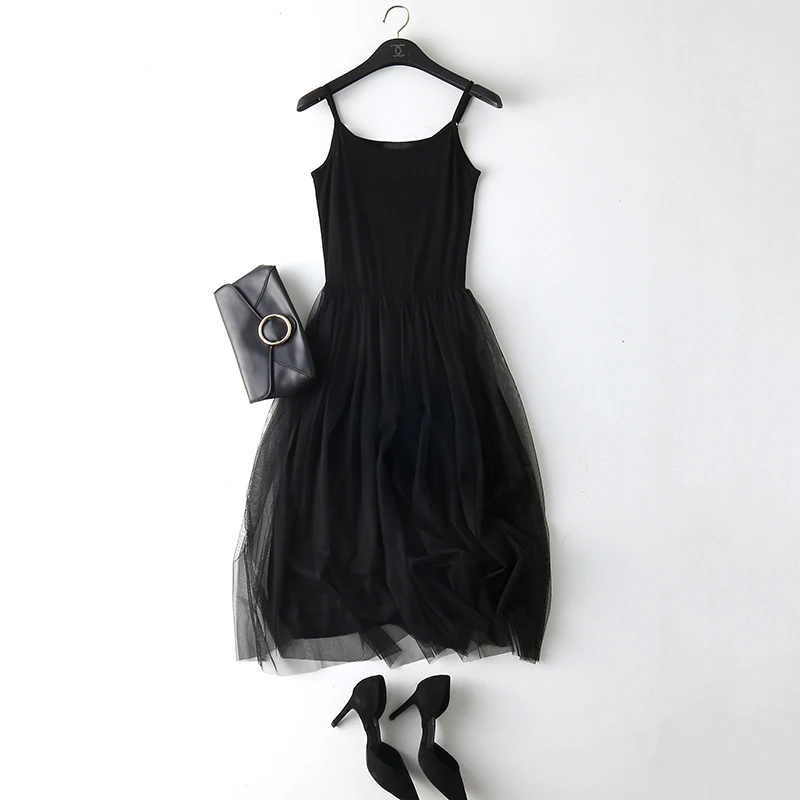 

Spring Women Solid Color Sexy Spaghetti Strap Patchwork Mesh Dress Summer Lace Tank Dress Basic Sundress Party Vestidos MZ2164