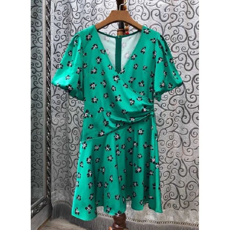 

European Designer Casual Dress 2019 Summer Sexy Club Dress Ladies V-Neck Color Block Flower Print Short Sleeve Mini Green Dress