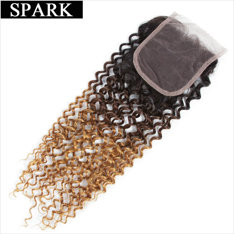 

Spark Peruvian Kinky Curly Swiss Lace Closure Ombre 1B/4/27 Free Part 10'-22'' Remy Hair Closure 100% Human Hair Free Shipping