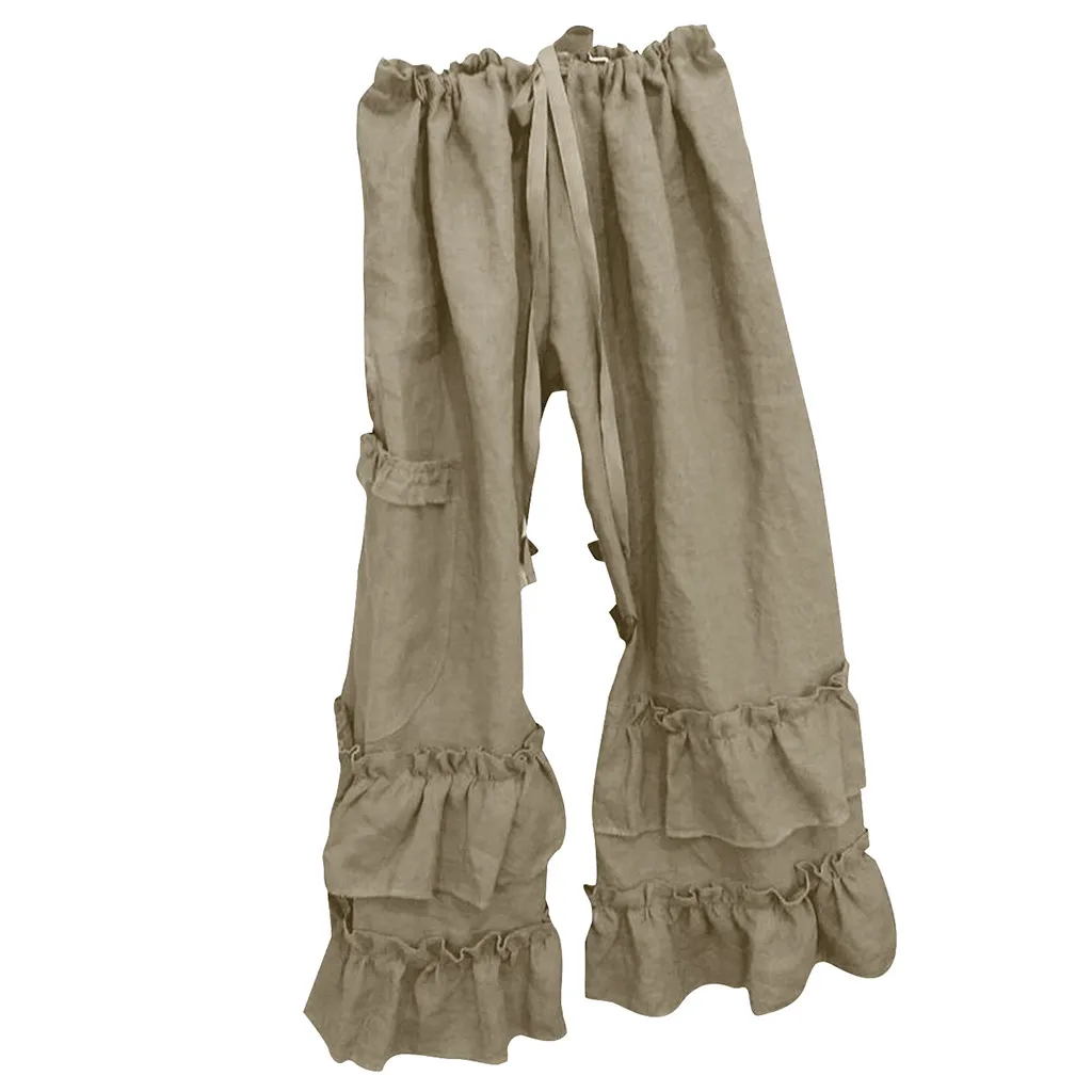 Женские однотонные хлопковые льняные брюки больших размеров со складками, повседневные свободные штаны с оборками и карманами, женские брюки с широкими штанинами, расклешенные брюки