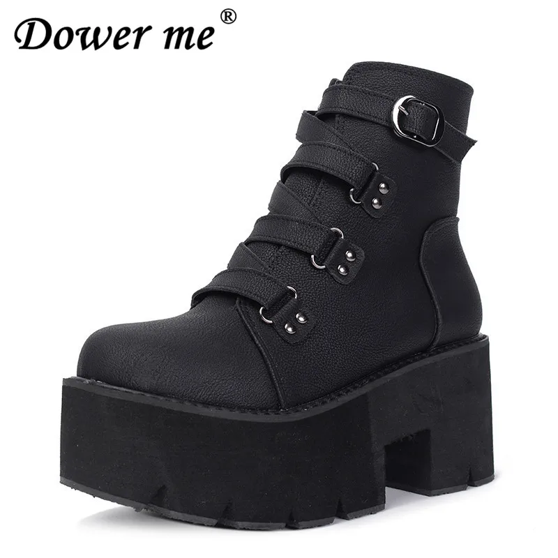 

2018 Spring Autumn Ankle Boots Women Platform Boots Rubber Sole Buckle Black Leather PU sexy High Heels Shoes Woman Comfortable
