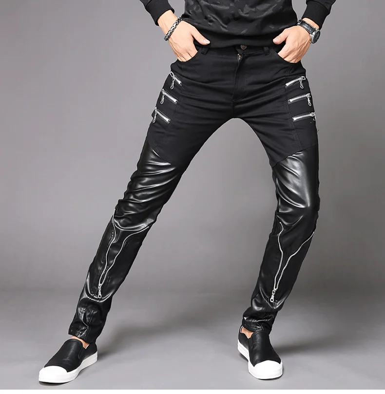 Облегающие облегающие черные зимние мужские брюки из искусственной кожи байкерские хип-хоп обтягивающие мужские брюки для ночного клуба костюмы для бара уличная одежда