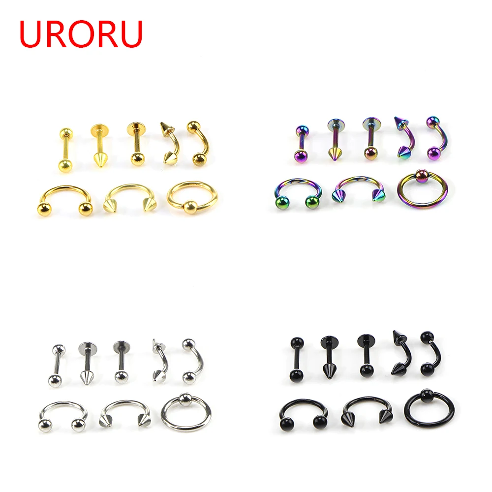 

URORU 8PCS/set Surgical Stainless Steel Eyebrow Nose Lip Captive Bead Ring Tongue Piercing Tragus Cartilage Earring Body Jewelry