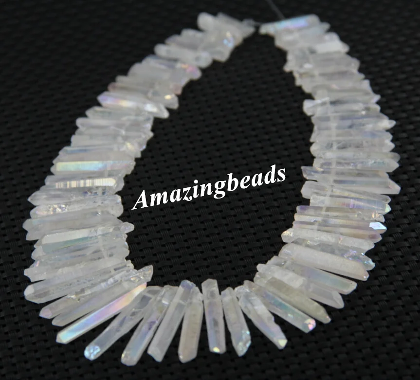 

Approx 72pcs/strand Rainbow White AB Titanium Quartz Stick Points Necklace,Rough Quartz Raw Crystals Top Drilled Spikes Pendants