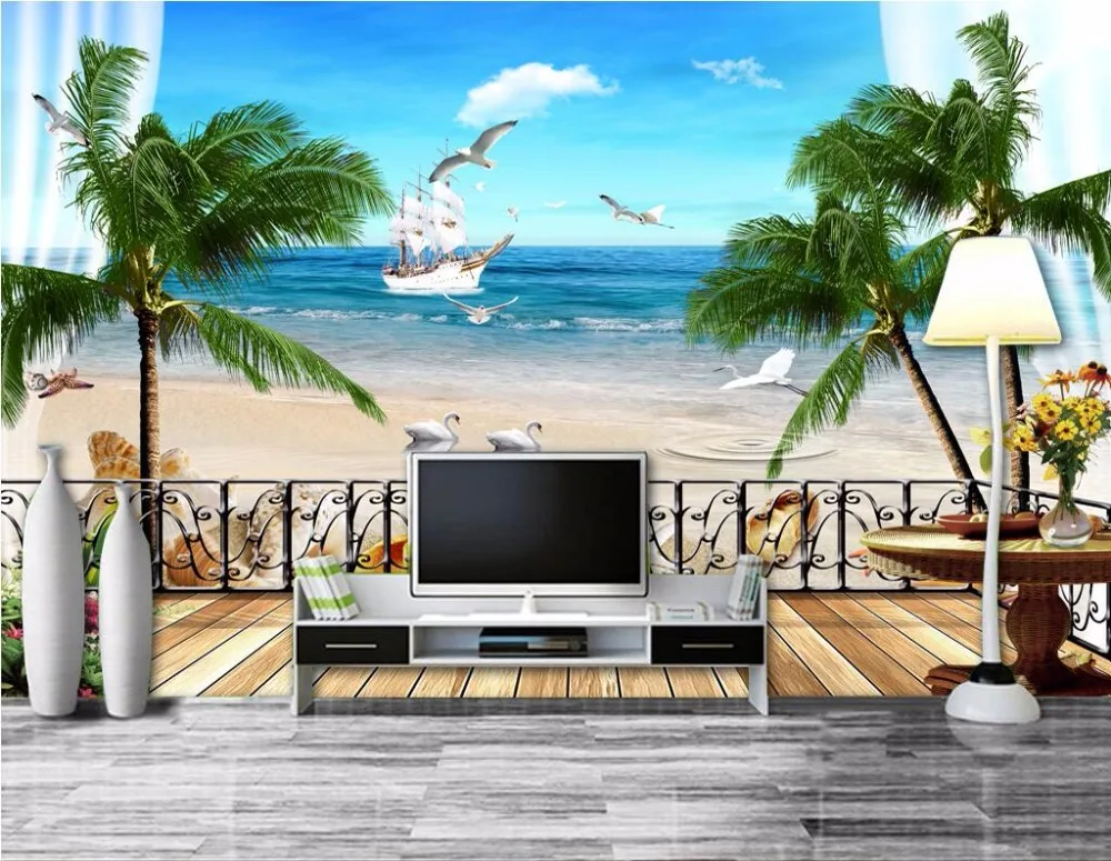 

Custom photo mural 3d wallpapers for living room Mediterranean Sea gull coconut tree painting 3d wall murals wallpaper