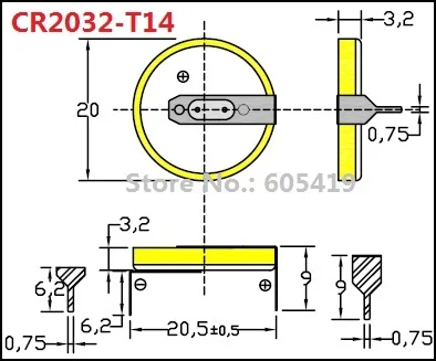 60 шт./лот CR2032 Кнопка Батарея с пластинки с припоем, горизонтальный и сквозное отверстие Тип(CR2032-T14