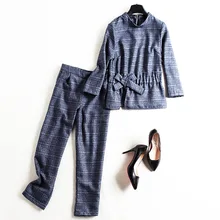 Women autumn casual 2 piece pants suits new brand runway high quality plaid shirt and straight