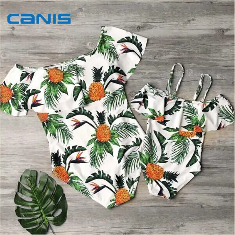 

2019 Brand New Family Pineapple Swimwear Mother Daughter Women Kid Baby Girl Swimsuit Bikini Ruffled One Piece Tankini Set